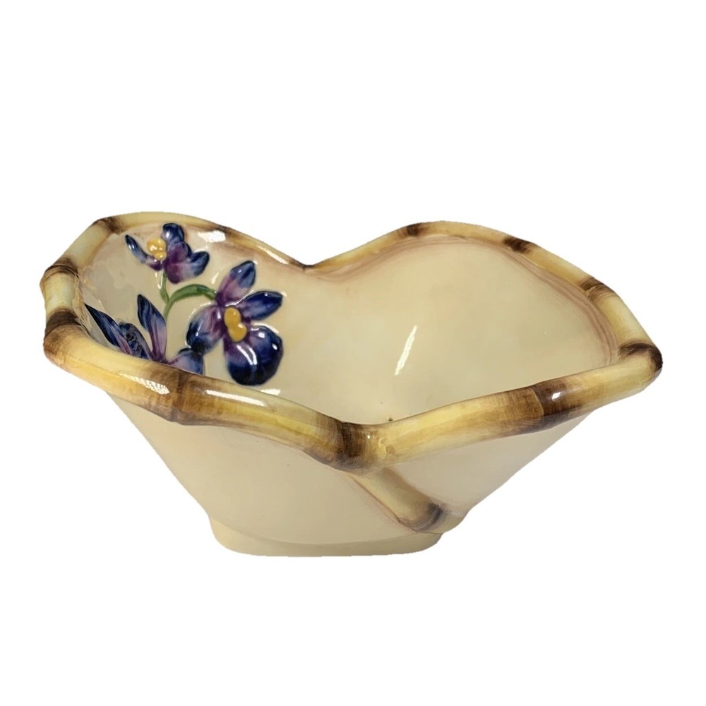 Pacific Rim Handpainted Faux Bamboo Ceramic Bowl Purple Iris Floral Square Cream